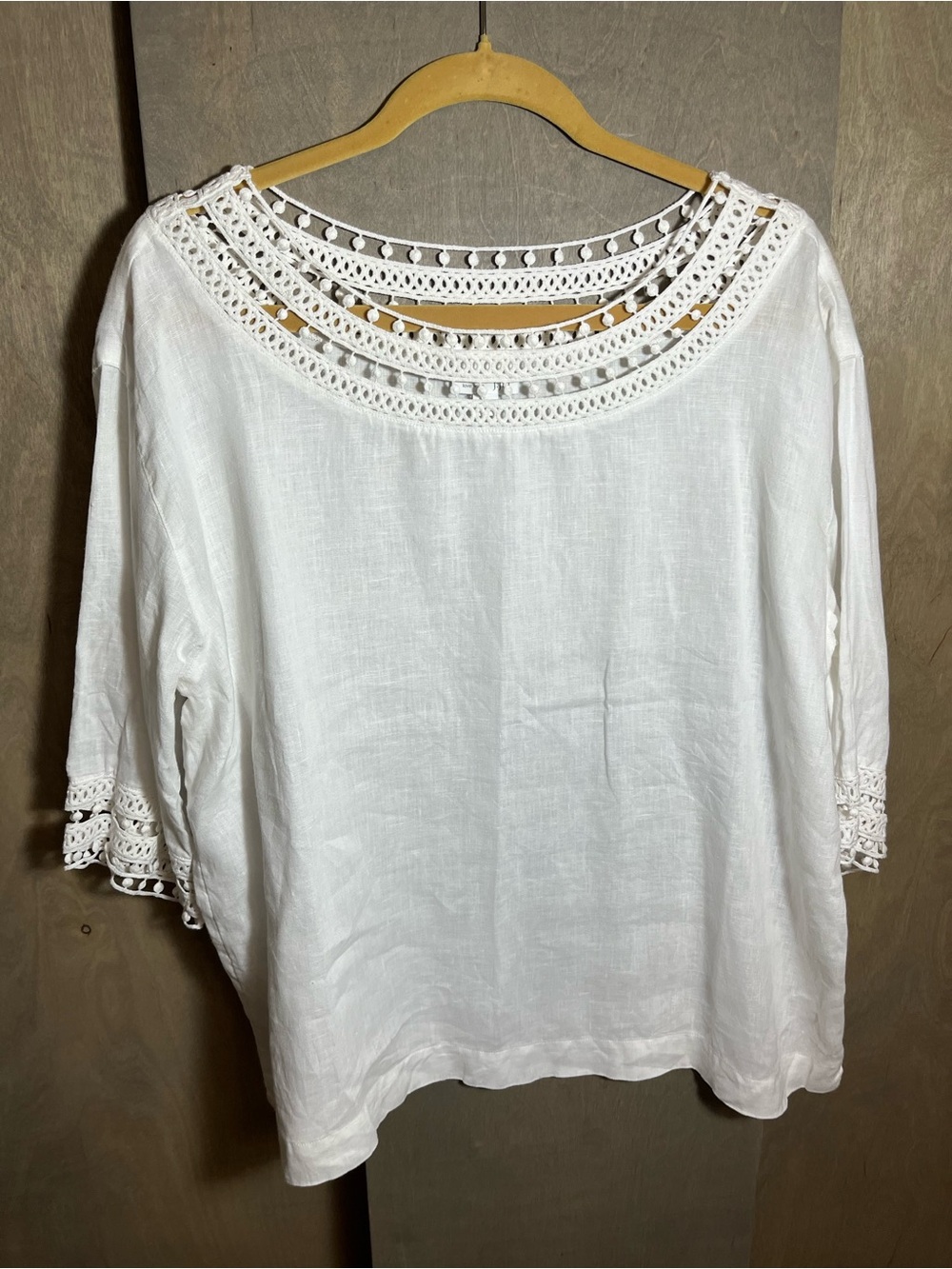 J. Jill Crochet Lace Edge Boho White Linen Boxy  Blouse Top L - Picture 3 of 7